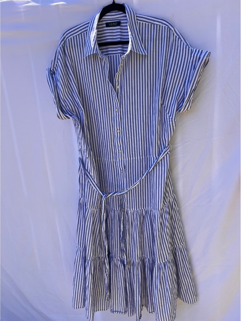 Lauren Ralph Lauren Blue White Stripe Cotton Tiered Maxi Shirt Dress Belted